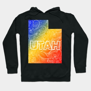 Colorful mandala art map of Utah with text in blue, yellow, and red Hoodie